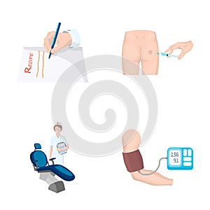 Intramuscular injection, prescription, Dentist, blood pressure measurement. Medicineset collection icons in cartoon