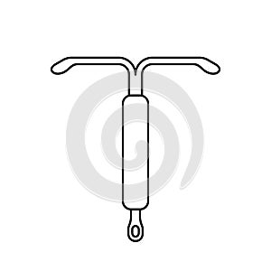 Intrauterine device icon. Linear logo of T-shaped IUD. Black simple illustration of vaginal contraception. Contour isolated vector