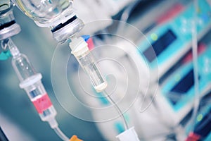 Intravenous drip bottles on the background of hospital equipment