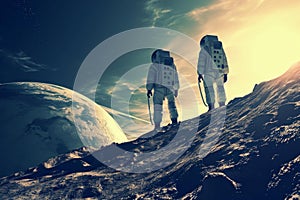 Intrepid Astronauts exploring planet sunlight. Generate Ai photo