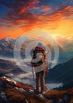 Intrepid Hiker at Top of Mountain Looks to Sunset