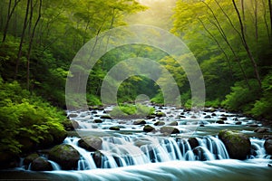 waterfall in the woods with stream running through it