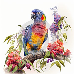 The Intricacy of Colors, A Stunning Parrot on a Flowers Branch, Isolated on White Background - Generative AI