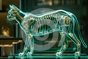 Intricate 3D Glass Cat Anatomy Sculpture on Dark Background Artistic Representation of Feline Skeletal and Muscular Systems