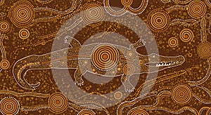 An intricate Aboriginal art-inspired crocodile design features warm earth tones like photo