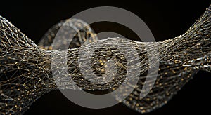 An intricate, abstract 3D structure composed of interconnected metallic rods forms a