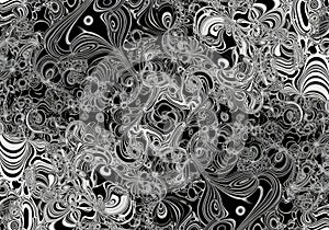 Intricate abstract monochromatic pattern with swirling textures and circular elements