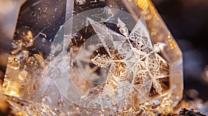 An intricate abstract pattern of symbols etched into a clear quartz crystal representing the intention and focus of