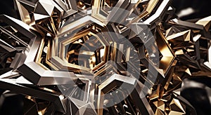 Intricate abstract structure with angular, interlocking geometric forms in metallic