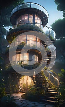 Intricate advanced design of a house made in the form of a spiral with large panoramic windows in the forest