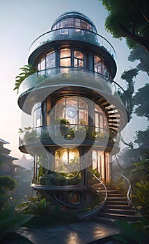 Intricate advanced design of a house made in the form of a spiral with large panoramic windows in the forest