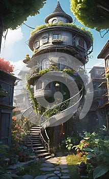 Intricate advanced design of a house made in the form of a spiral with large panoramic windows in the forest