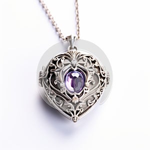 Intricate Amethyst Heart Locket On Silver Chain - Cinematic Lighting Style