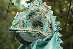 Intricate Anthropomorphic chameleon suit. Generate Ai