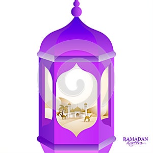 Intricate arabic lamp on shin purple color for holy  month.