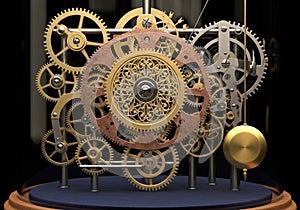 Intricate arrangement of interlocking gears and cogs within a mechanical clockwork system, featuring