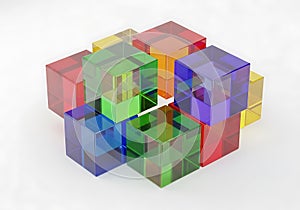 Vibrant glass-like cubes forming a complex interconnected system