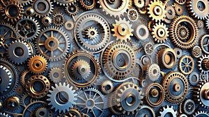 Intricate array of interlocking metallic gears a complex system of rotating components. Generative AI