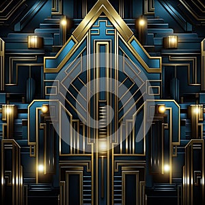 Intricate art deco background with blue, gold, and detailed architectural elements