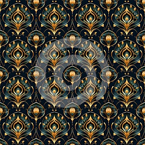 Intricate Art Deco Seamless Pattern with Luxurious Gold, Navy, and Deep Green Geometric Shapes for Elegant Product Designs photo