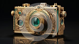 Intricate Art Nouveau Gold Camera With Emeralds