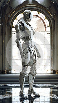 intricate biomechanical white armor, beautiful sleek space robot design, standing in a bright marble star case with large arched