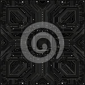 Intricate black circuit board design featuring symmetric electronic patterns