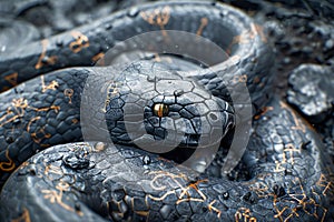 Intricate Black Snake with Golden Runes, Exotic Reptile with Mystical Symbols, High Detailed Serpent Skin Pattern