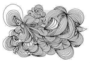 Intricate black and white abstract design featuring an array of swirling lines and patterns. The