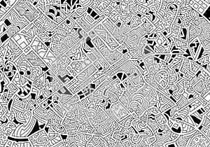 Intricate black and white abstract pattern featuring a complex array of geometric shapes and lines.
