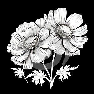 Intricate Black And White Anemone Flower Illustration On Black Background