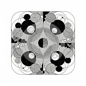 Intricate black and white geometric design featuring symmetrical patterns compose