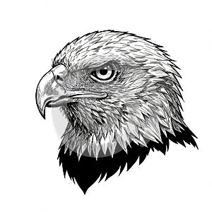 Intricate black and white illustration of an eagle\'s head, facing left. The detailed photo