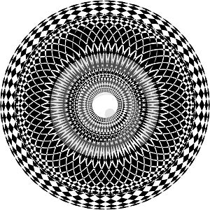 intricate black and white mandala of geometric shapes, in optical art style