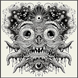 Intricate black and white monster with an eye motif on a t-shirt design