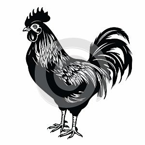 Intricate Black And White Rooster Illustration On White Background