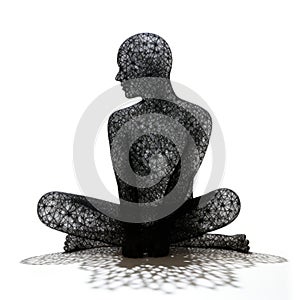 Intricate Black Wire Sculpture Of A Sitting Woman In Zen Buddhist Style