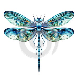 Intricate blue dragonfly with ornate stainedglasslike wing patterns