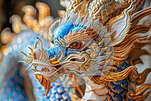 Intricate Blue and Gold Dragon Statue Detail in Traditional Asian Art Style