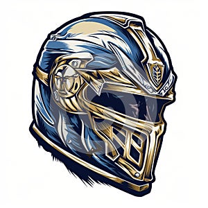 Intricate Blue And Gold Mercenary Helmet With Detailed Feather Rendering