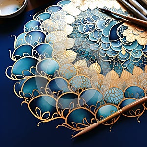 Intricate Blue And Gold Paintings With Eastern Brushwork