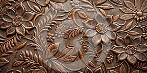 Intricate bronze floral embossed pattern on a textured surface. Generative AI