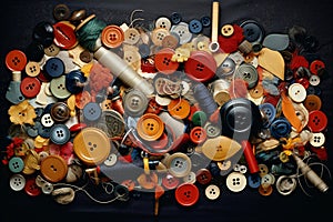 Intricate Button and Ribbon Arrangement: A Colorful Tapestry of Sewing Materials