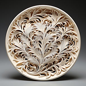 Intricate Carved Leaf Sculpture: White Ornamental Artwork Inspired By Fred Tomaselli And Raphaelle Peale