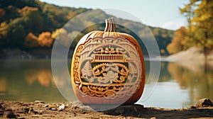 Intricate Carved Pumpkin By The Lake