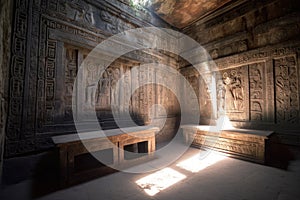 intricate carvings in ancient ruin wall, with sunlight streaming through the windows