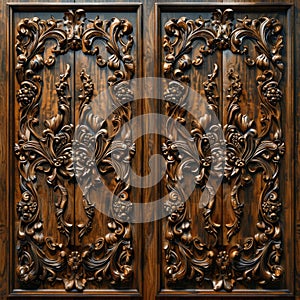 Intricate Carvings on Close-up of Wooden Door