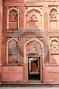 Intricate carvings decorate the Agra Fort in Agra, India