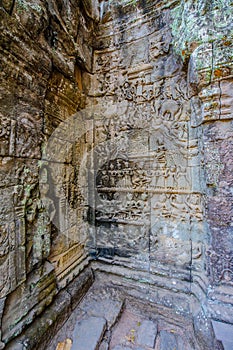 Intricate carvings on a temple wall in siem reap,cambodia