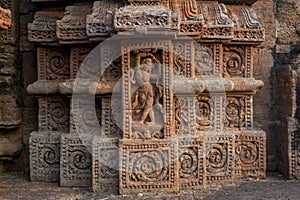Intricate carvings on the walls of 13th-century CE Sun Temple at Konark